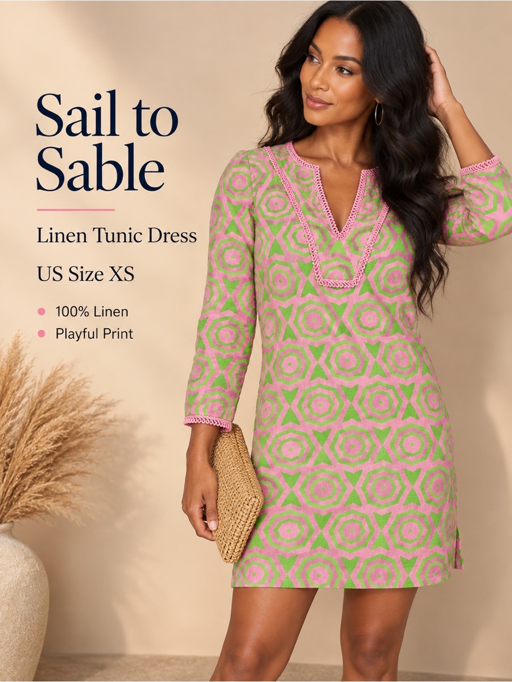 Sail to Sable Pink Green Geometric Linen Tunic Dress Size XS